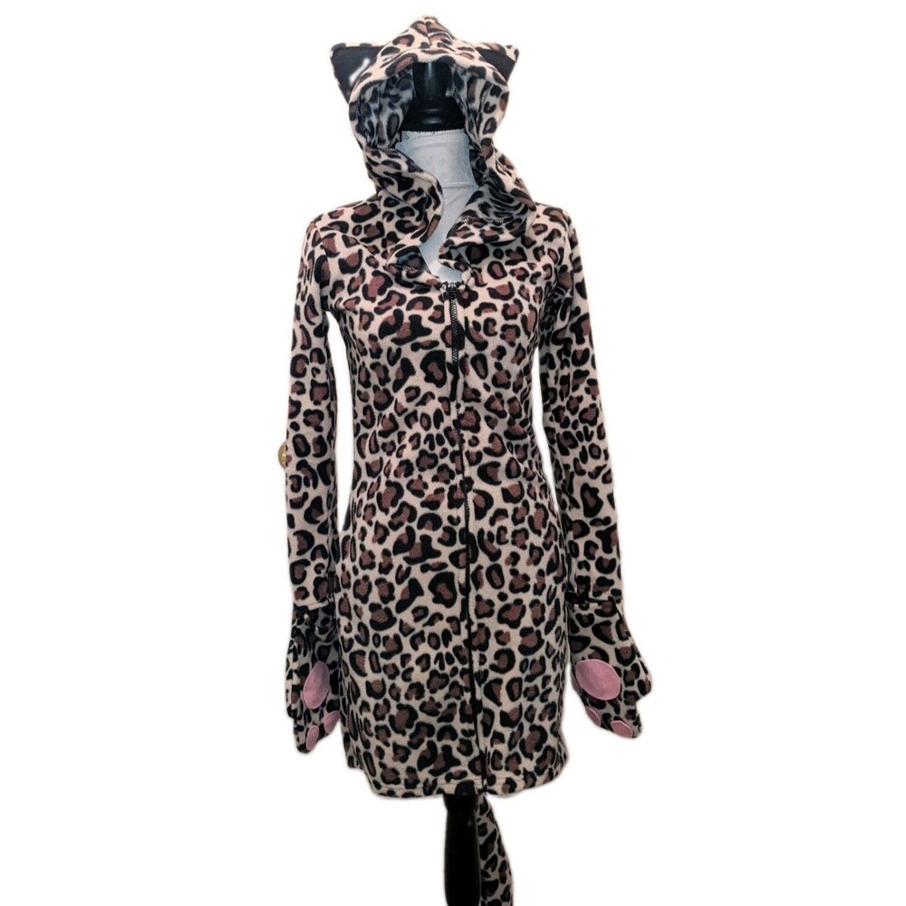 Leopard Print Dress Costume Zip Front Fleece Stuffed Tail Adjustable Paws...